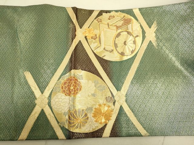 平和屋着物■佐賀錦 太鼓柄袋帯 駒刺繍 御所車花丸文 金糸 逸品 DAAI4748du