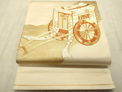 平和屋着物■太鼓柄袋帯　駒刺繍　御所車花文　金彩　逸品　DAAI4817du