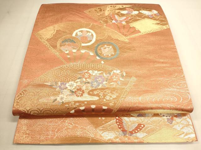 平和屋着物◎六通柄袋帯 扇面花蝶文 金糸 正絹 逸品 DAAI5732op