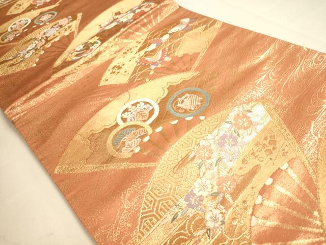 平和屋着物◎六通柄袋帯 扇面花蝶文 金糸 正絹 逸品 DAAI5732op