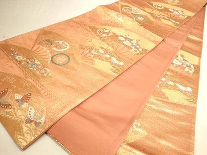 平和屋着物◎六通柄袋帯 扇面花蝶文 金糸 正絹 逸品 DAAI5732op