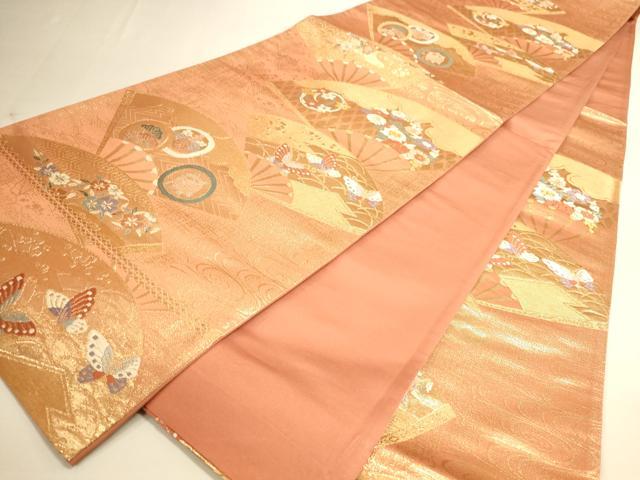 平和屋着物◎六通柄袋帯 扇面花蝶文 金糸 正絹 逸品 DAAI5732op