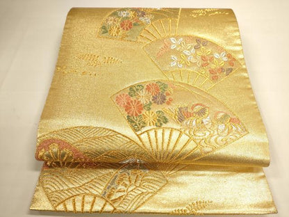 平和屋着物◎六通柄袋帯 扇面鴛鴦花文 金銀糸 正絹 逸品 DAAI5740op