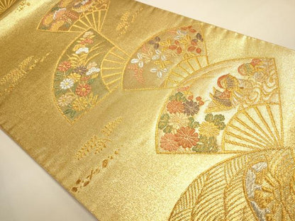 平和屋着物◎六通柄袋帯 扇面鴛鴦花文 金銀糸 正絹 逸品 DAAI5740op