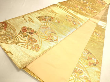 平和屋着物◎六通柄袋帯 扇面鴛鴦花文 金銀糸 正絹 逸品 DAAI5740op