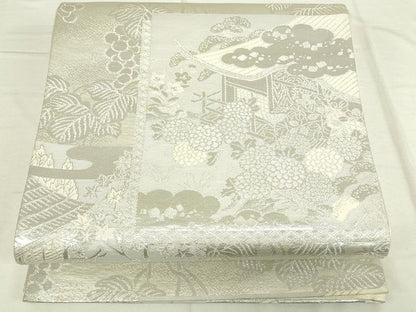 平和屋着物◎六通柄袋帯 蒔絵錦 葡萄色紙風景花文 銀糸 逸品 DAAI7144we