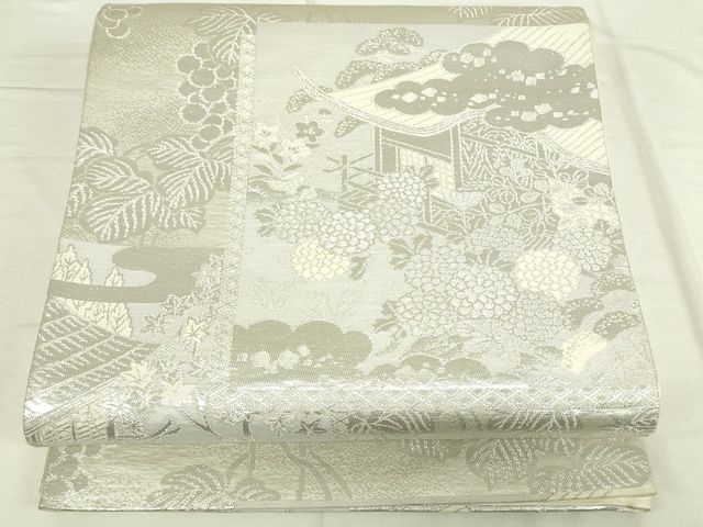 平和屋着物◎六通柄袋帯 蒔絵錦 葡萄色紙風景花文 銀糸 逸品 DAAI7144we