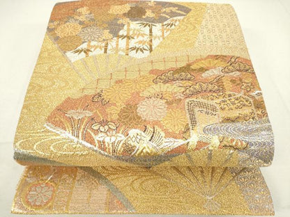 平和屋着物●六通柄袋帯 扇面御所車花文 金糸 正絹 逸品 DAAI8855az