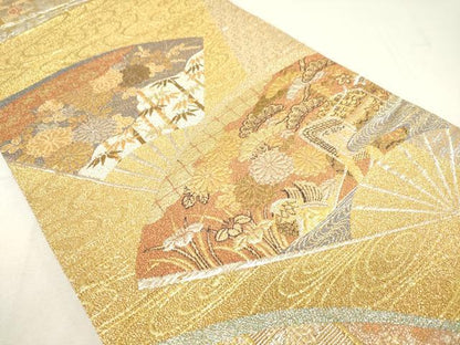 平和屋着物●六通柄袋帯 扇面御所車花文 金糸 正絹 逸品 DAAI8855az