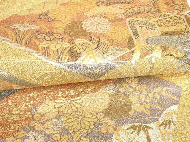 平和屋着物●六通柄袋帯 扇面御所車花文 金糸 正絹 逸品 DAAI8855az