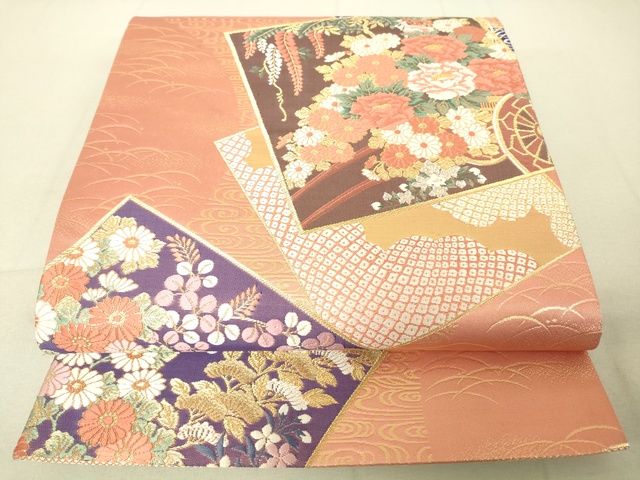 平和屋着物◎六通柄袋帯 唐織 色紙重ね草花文 金糸 逸品 DAAJ0515sa