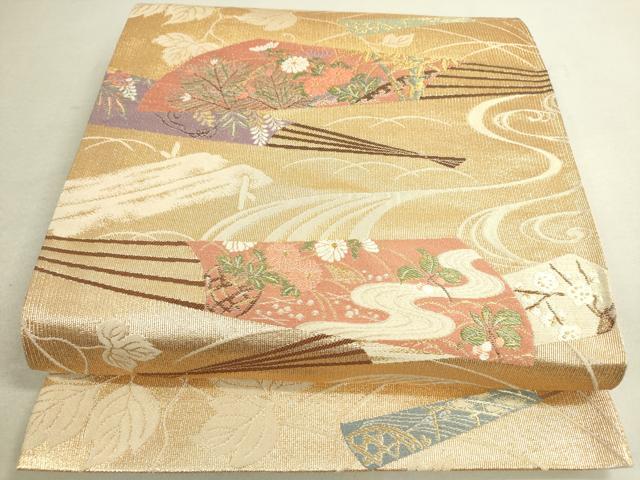 平和屋着物◎西陣の名門織元 いづくら謹製 六通柄袋帯 扇面花文 金糸 逸品 DAAJ2629mz