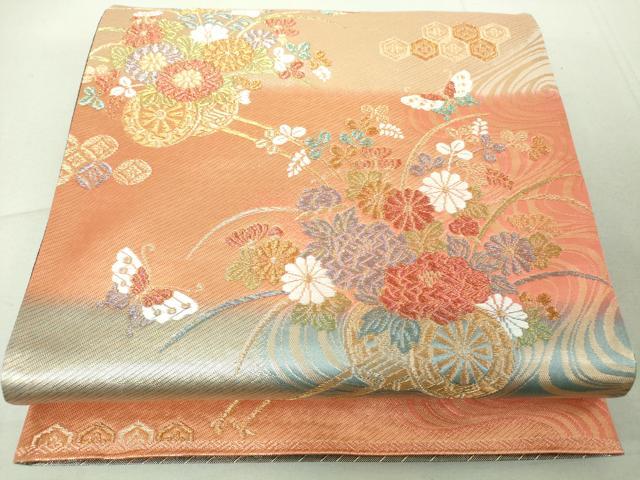 平和屋着物◎佐賀錦 六通柄袋帯 花車文 金糸 正絹 逸品 DAAJ2697mz