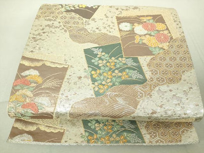 平和屋着物◎六通柄袋帯 唐織 色紙重ね草花文 金銀糸 正絹 逸品 DAAJ2699mz