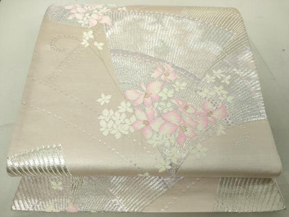 平和屋着物◎六通柄袋帯 扇面草花文 金銀糸 正絹 逸品 DAAJ2722mz