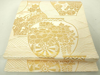 平和屋着物◎六通柄袋帯 陶器花文 金糸 正絹 逸品 DAAJ2725mz