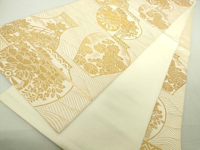 平和屋着物◎六通柄袋帯 陶器花文 金糸 正絹 逸品 DAAJ2725mz