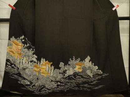 平和屋着物■豪華黒留袖 駒刺繍 樹林風景文 金彩 正絹 逸品 DAAJ2917zy