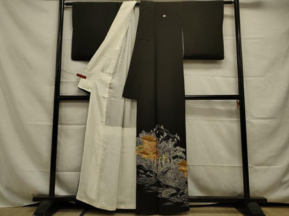 平和屋着物■豪華黒留袖 駒刺繍 樹林風景文 金彩 正絹 逸品 DAAJ2917zy