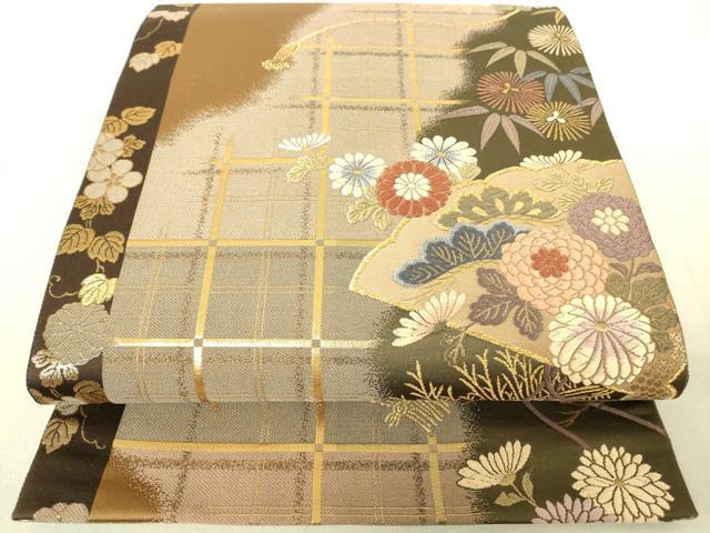平和屋着物◎六通柄袋帯 唐織 扇面花鼓文 金糸 逸品 DAAJ4127re