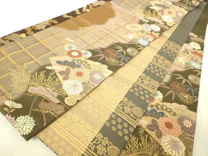 平和屋着物◎六通柄袋帯 唐織 扇面花鼓文 金糸 逸品 DAAJ4127re