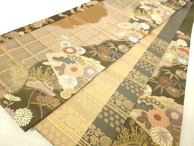 平和屋着物◎六通柄袋帯 唐織 扇面花鼓文 金糸 逸品 DAAJ4127re