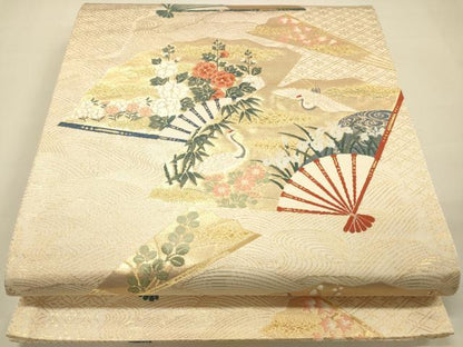 平和屋着物◎六通柄袋帯 扇面飛鶴花文 金糸 引箔 正絹 逸品 DAAJ4341re