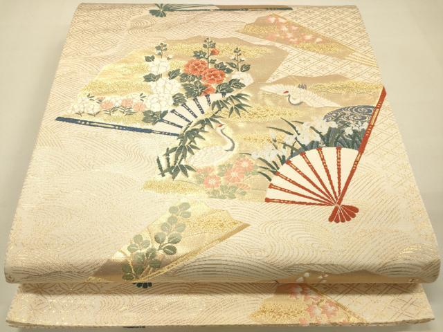 平和屋着物◎六通柄袋帯 扇面飛鶴花文 金糸 引箔 正絹 逸品 DAAJ4341re