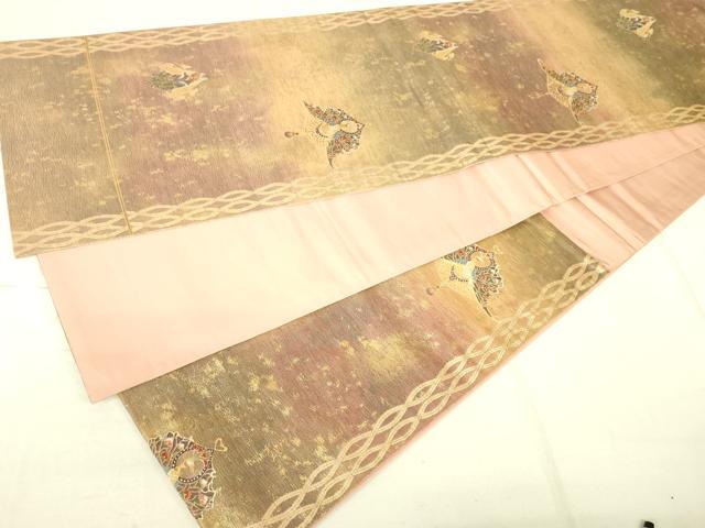 平和屋着物◎六通柄袋帯 向かい鳥花文 金糸 引箔 正絹 逸品 DAAJ4345re