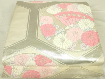 平和屋着物◎六通柄袋帯 唐織 檜扇花丸文 銀糸 正絹 逸品 DAAJ4359re