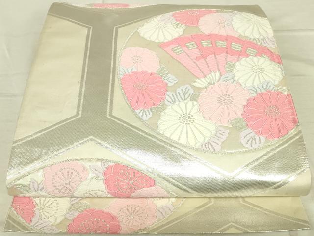平和屋着物◎六通柄袋帯 唐織 檜扇花丸文 銀糸 正絹 逸品 DAAJ4359re