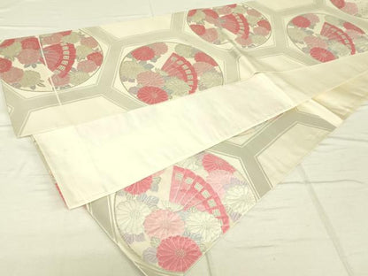 平和屋着物◎六通柄袋帯 唐織 檜扇花丸文 銀糸 正絹 逸品 DAAJ4359re