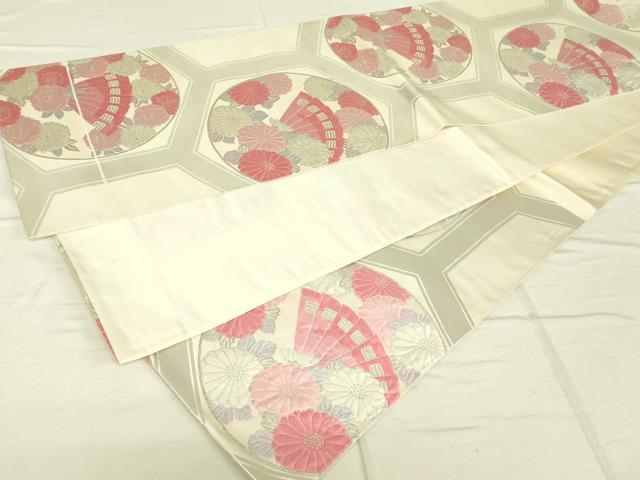 平和屋着物◎六通柄袋帯 唐織 檜扇花丸文 銀糸 正絹 逸品 DAAJ4359re