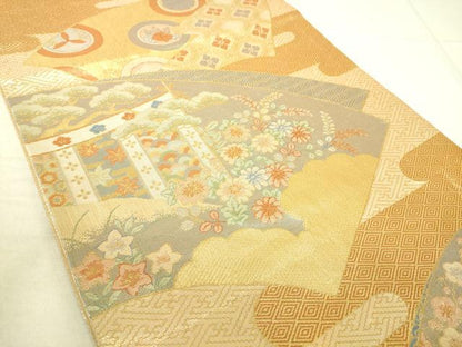 平和屋着物◎佐賀錦 六通柄袋帯 九百錦 地紙重ね御所車花文 金糸 正絹 逸品 DAAJ4372re