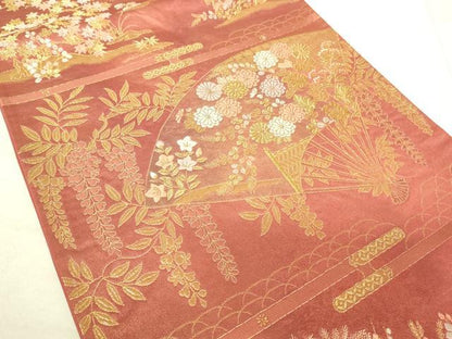 平和屋着物◎六通柄袋帯 風景花文 金糸 引箔 正絹 逸品 DAAJ4378re