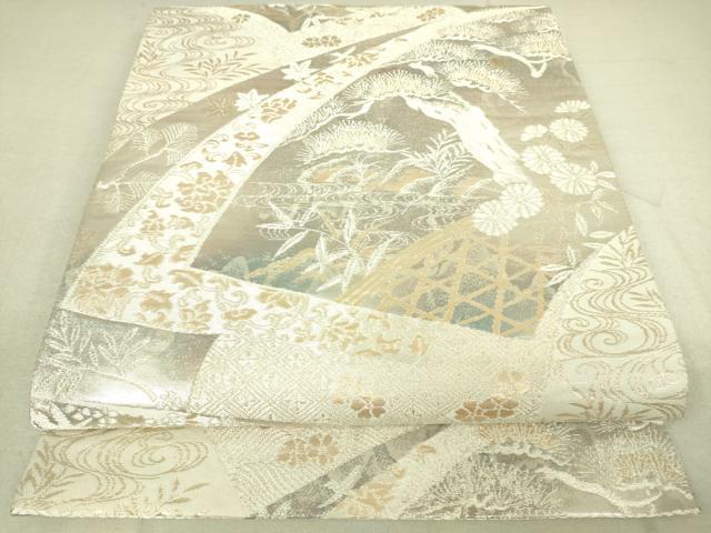 平和屋着物◎六通柄袋帯 地紙重ね風景花文 金銀糸 引箔 正絹 逸品 DAAJ4410re