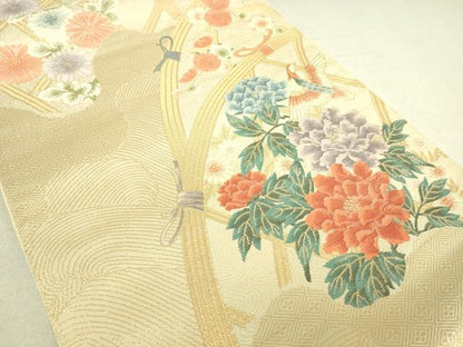平和屋着物◎六通柄袋帯 籬花文 金糸 正絹 逸品 DAAJ4422re
