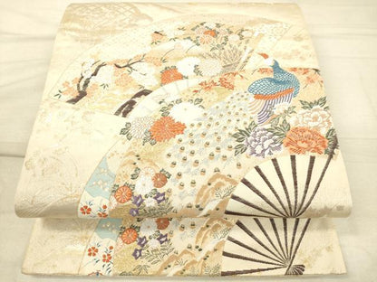 平和屋着物◎六通柄袋帯 扇面孔雀花文 金銀糸 逸品 DAAJ4735tw