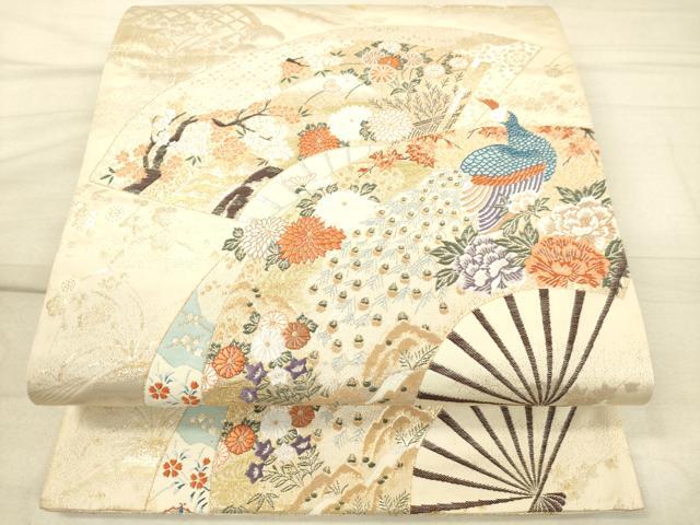 平和屋着物◎六通柄袋帯 扇面孔雀花文 金銀糸 逸品 DAAJ4735tw