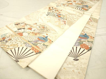 平和屋着物◎六通柄袋帯 扇面孔雀花文 金銀糸 逸品 DAAJ4735tw