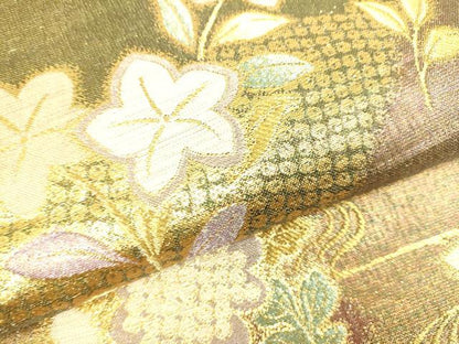 平和屋着物●六通太鼓柄袋帯　草花文　金糸　正絹　逸品　DAAJ5543du
