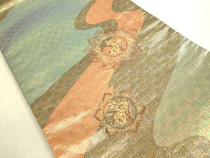 平和屋着物●両面 太鼓柄袋帯 刺繍 流水花文 金糸 正絹 逸品 DAAJ5553du
