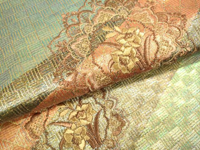 平和屋着物●両面 太鼓柄袋帯 刺繍 流水花文 金糸 正絹 逸品 DAAJ5553du