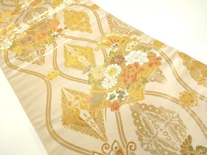 平和屋着物●六通柄袋帯 立涌地紙双鶴花蝶文 金銀糸 正絹 逸品 DAAJ5990du