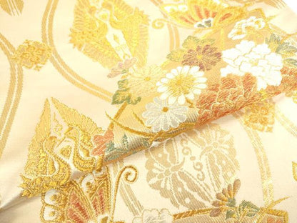 平和屋着物●六通柄袋帯 立涌地紙双鶴花蝶文 金銀糸 正絹 逸品 DAAJ5990du