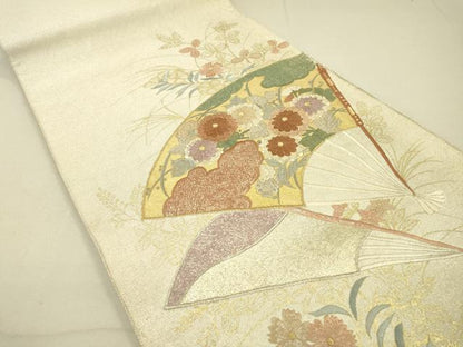 平和屋着物●綴れ 太鼓柄袋帯 刺繍 扇面花文 金銀彩 正絹 逸品 DAAJ6593fe