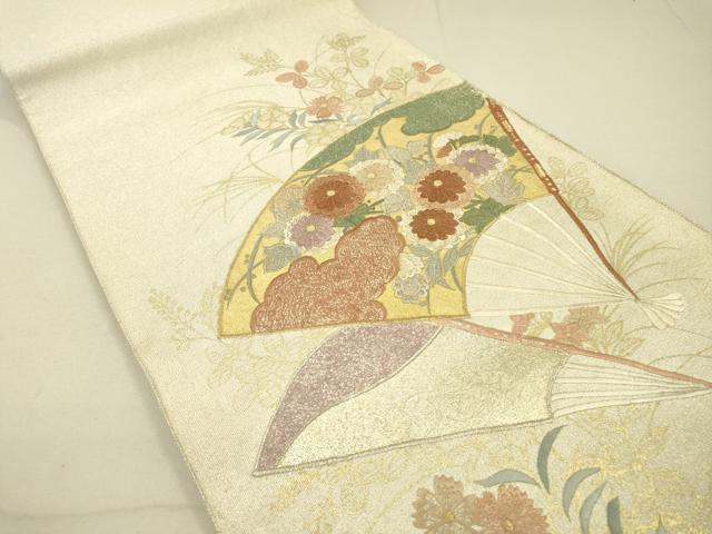 平和屋着物●綴れ 太鼓柄袋帯 刺繍 扇面花文 金銀彩 正絹 逸品 DAAJ6593fe