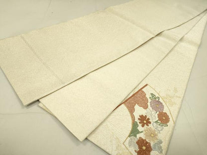 平和屋着物●綴れ 太鼓柄袋帯 刺繍 扇面花文 金銀彩 正絹 逸品 DAAJ6593fe