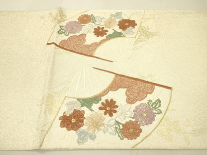 平和屋着物●綴れ 太鼓柄袋帯 刺繍 扇面花文 金銀彩 正絹 逸品 DAAJ6593fe