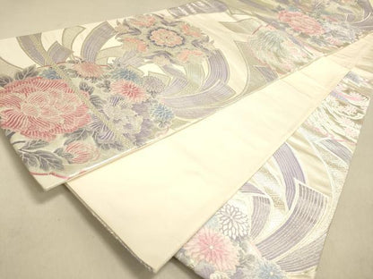 平和屋着物◎六通柄袋帯 牡丹小花丸文 銀糸 正絹 逸品 DAAJ7587fc